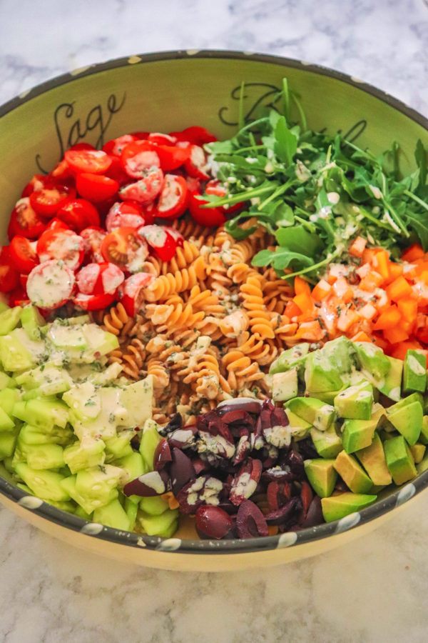 Rainbow Pasta Salad with Creamy Italian Dressing (vegan, gluten free
