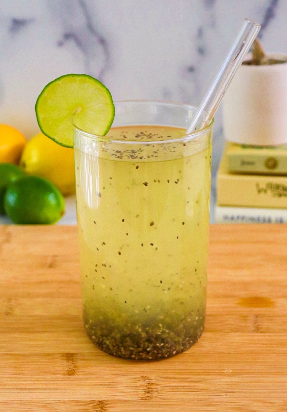 ginger chia seed limeade with a slice of lime