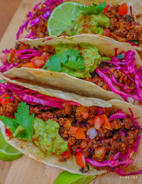 walnut mushroom meat grain free tacos with hot pink gut healthy cabbage slaw and guac