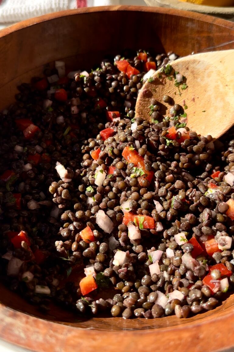 Roasted Broccoli with Lentil Salad and Tahini Sauce - Justine Cooks Vegan